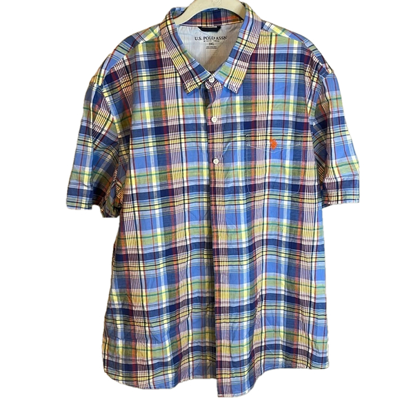 US Polo Assn Blue Plaid Short Sleeve‎ Button Up Men's Size 3XL Shirt - Picture 2 of 7